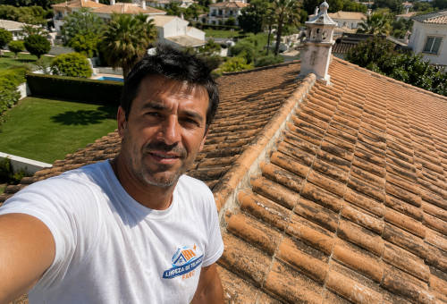 Selfie de um limpador de telhados no telhado de uma casa em Faro