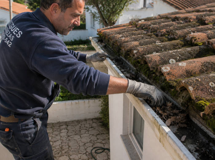 Um operário retira detritos da calha de uma casa