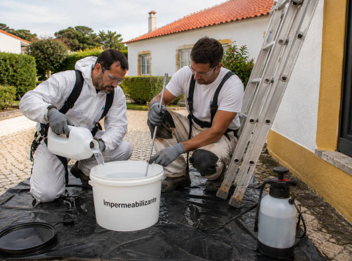 Dois trabalhadores preparam uma solução impermeabilizante para tratar um telhado numa propriedade no Algarve