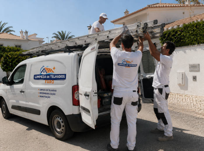 Uma equipa de limpadores de telhados carrega uma escada para o tejadilho de uma carrinha